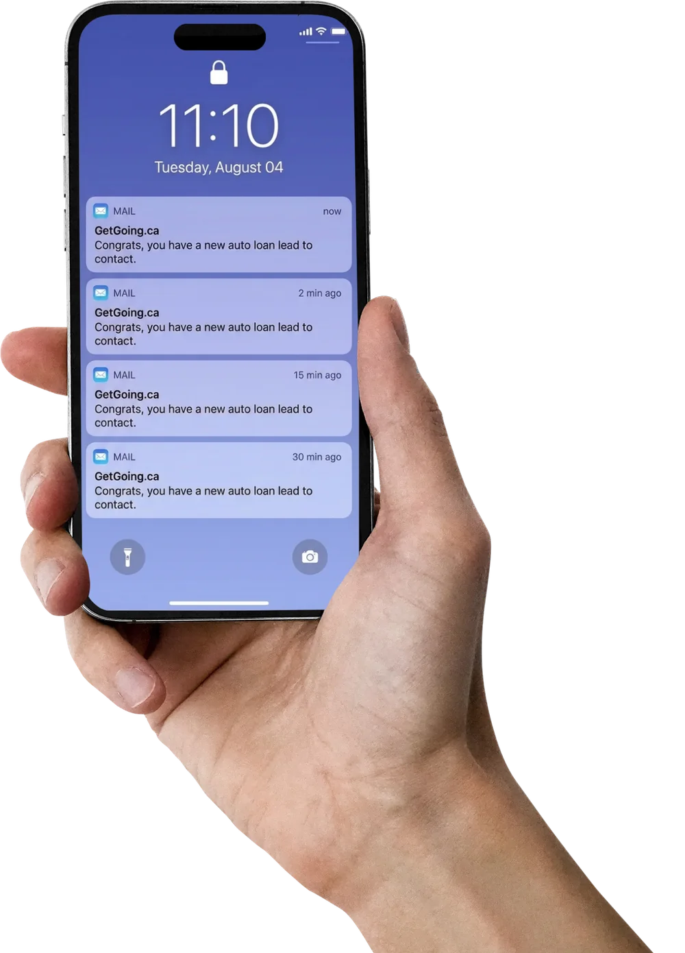 Hand holding a phone showing four stacked GetGoing.ca new auto loan lead notifications