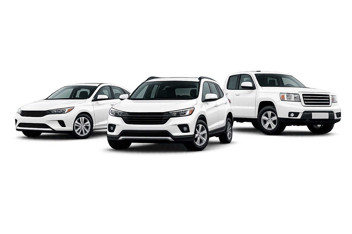 White sedan, SUV and pickup truck
